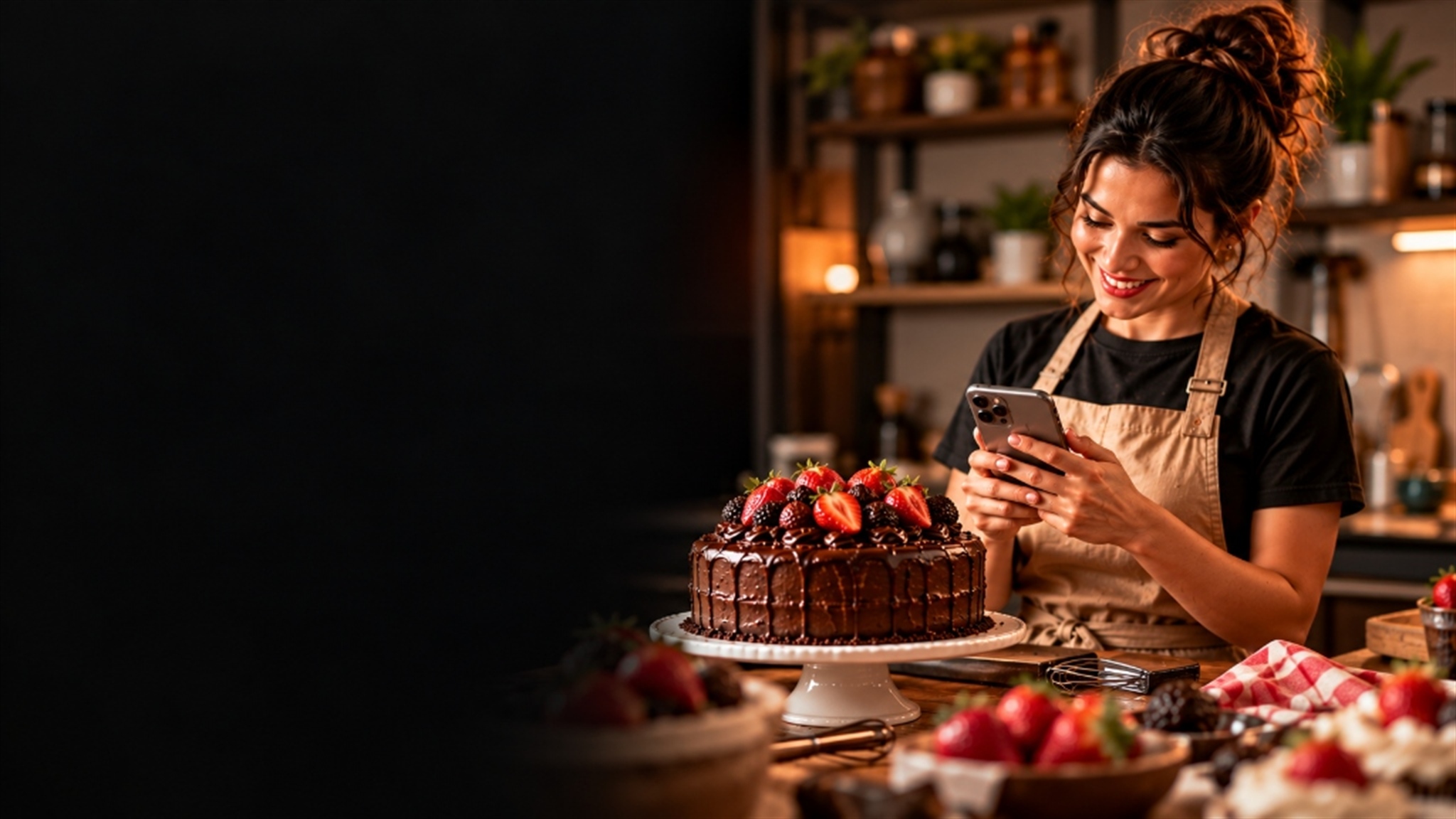 Confeiteira recebendo pedidos no WhatsApp com bolo artesanal de chocolate com morangos na bancada